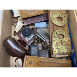 Quantity of Parker pens to include gold nib example, rectangular oak box with mother of pearl inlay, book slide with brass mount, simulated tortoiseshell magnifying glass, Zeiss Ikon Contessa camera, brass oil lamp, ceramics etc in four boxes