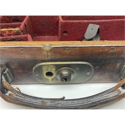 Leather shotgun case, the red baize lined interior with the trade labels of Westley Richards & Co., London, a brass plaque inscribed 'T Nevin, Mirfield, Yorkshire' to cover, with key, case to fit barrel 76cm (30 inches)  
