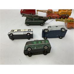 Dinky - thirteen unboxed and playworn die-cast commercial vehicles including two Supertoys 20-Ton Lorry-Mounted Cranes; Leyland Octopus Tanker; Fire Engine No.955; Extending Mast Vehicle No.969; two TV Roving Eye Vans No.968; three Ford Transit Vans; Brinks Armoured Car No.275; etc