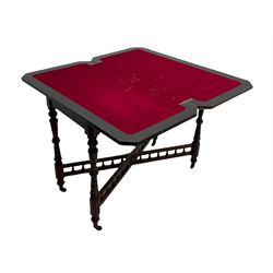 Late Victorian figured walnut and amboyna card-table, rectangular fold over top with baize lining, on turned supports joined by x framed balustrade stretchers