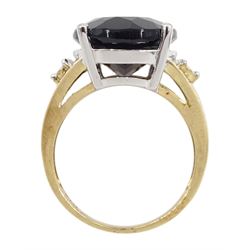 9ct gold oval smokey quartz ring, with diamond set shoulders, hallmarked