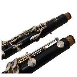Yamaha 26 student clarinet, with a resin body and chrome keys, in a velvet lined and padded hard case.