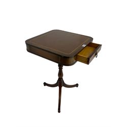 Regency style mahogany pedestal table, inset leather top over single drawer, on turned pedestal with three splayed supports