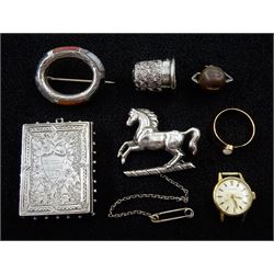 Victorian silver locket with engraved bird, the reverse cartouche inscribed and dated 1880, WWI silver 'touch wood' charm, 9ct rose gold opal ring, Eterna 9ct gold wristwatch, silver agate brooch, silver thimble and horse