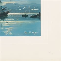 Donald Ayres (British 1936-): View of Whitby Harbour at Night, oil on board signed 12cm x 17cm