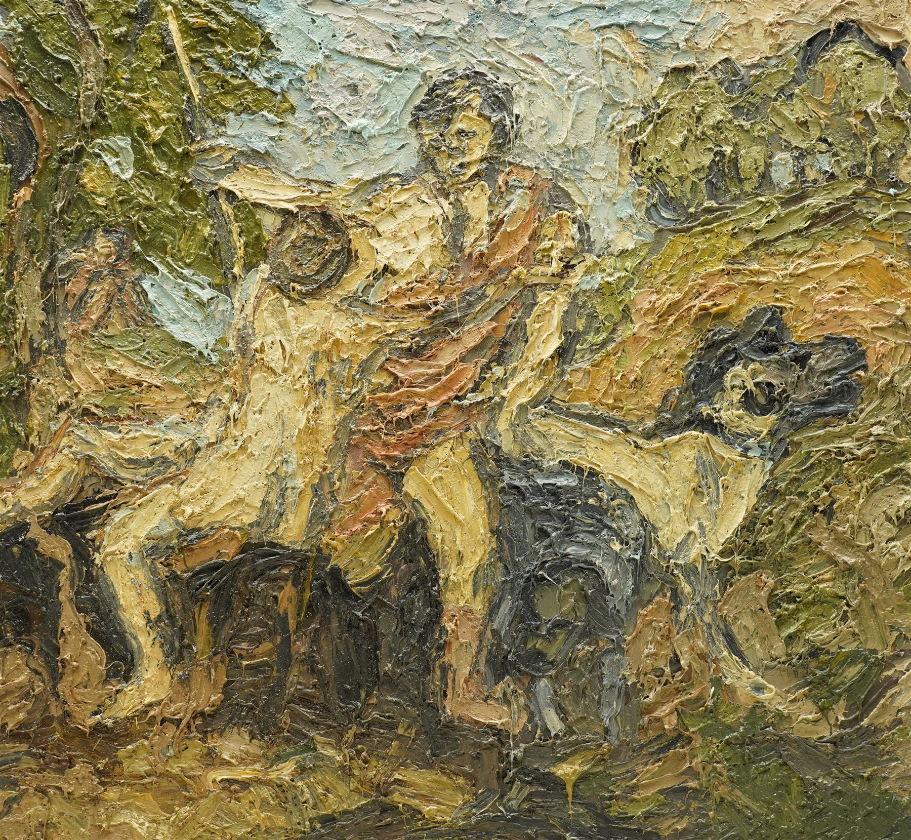 Barry De More (Yorkshire 1948-2023) after Titian (Italian ?-1576): 'Venus and Adonis', oil on board signed titled and dated 2013 verso 45cm x 48cm
Provenance: consigned by the artist's widow