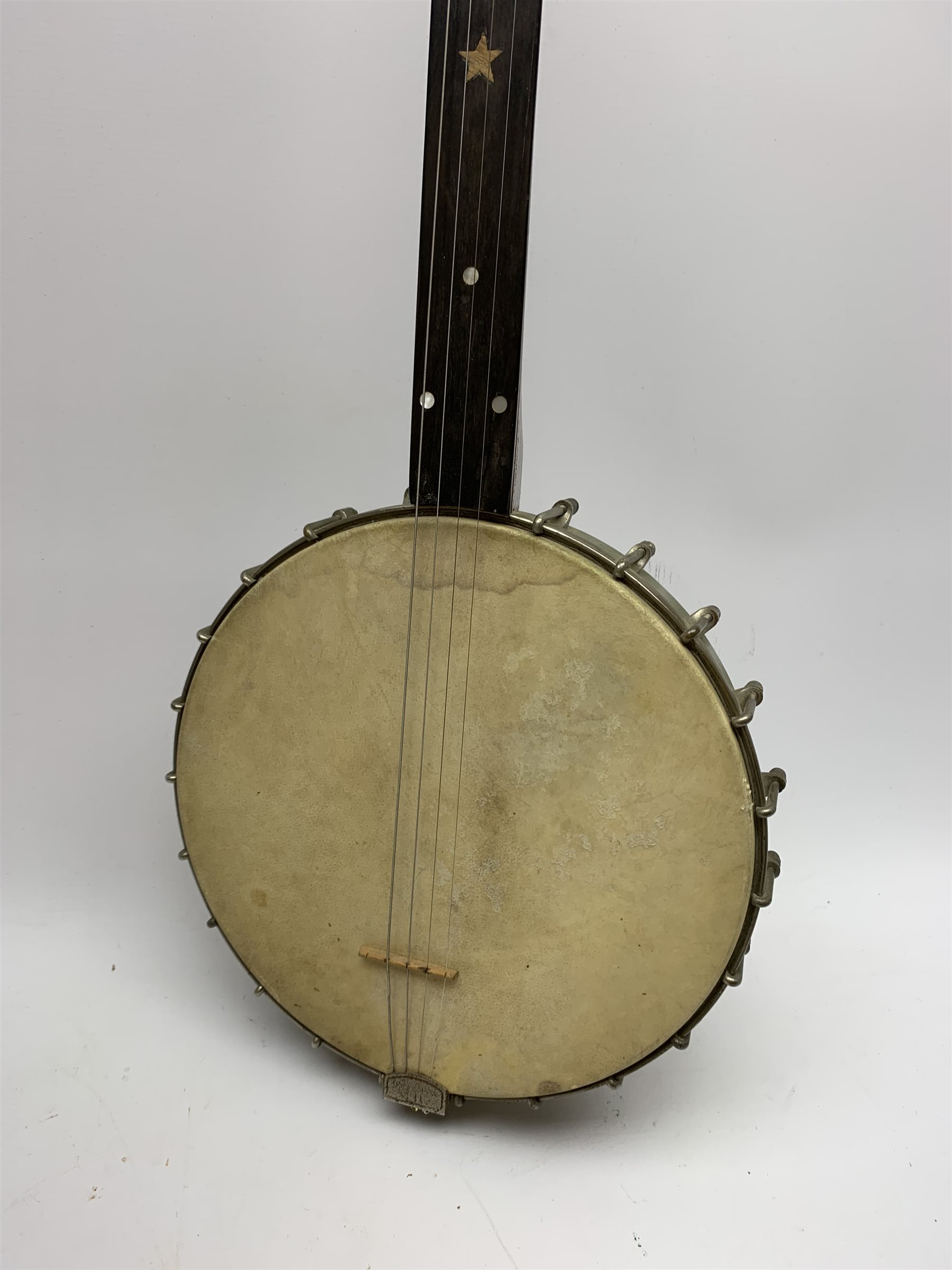 J E Brewster London Universal Favourite fretless banjo with inlaid fingerboard, impressed maker's marks and serial no.769, L90cm