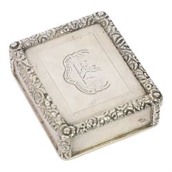 Rare Victorian silver provincial snuff box, of rounded rectangular form, the hinged cover with central engraved crest above motto 