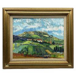 John Michael Saville (British 1922-2010): 'Village in Provence', oil on canvas signed, titled verso 39cm x 50cm