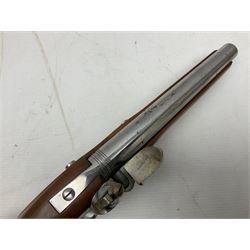 Reproduction non-firing flintlock pistol with brass skull crusher butt, the lock-plate inscribed 'Tower' and 'GR' L40cm; Sabre Japan Original Bowie Knife in sheath; and Indian embossed nickel two-piece walking cane (3)