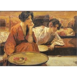 Paul Musin (Belgian 20th Century): Two 1920s Ladies on a Train, oil on panel signed 23cm x 32cm