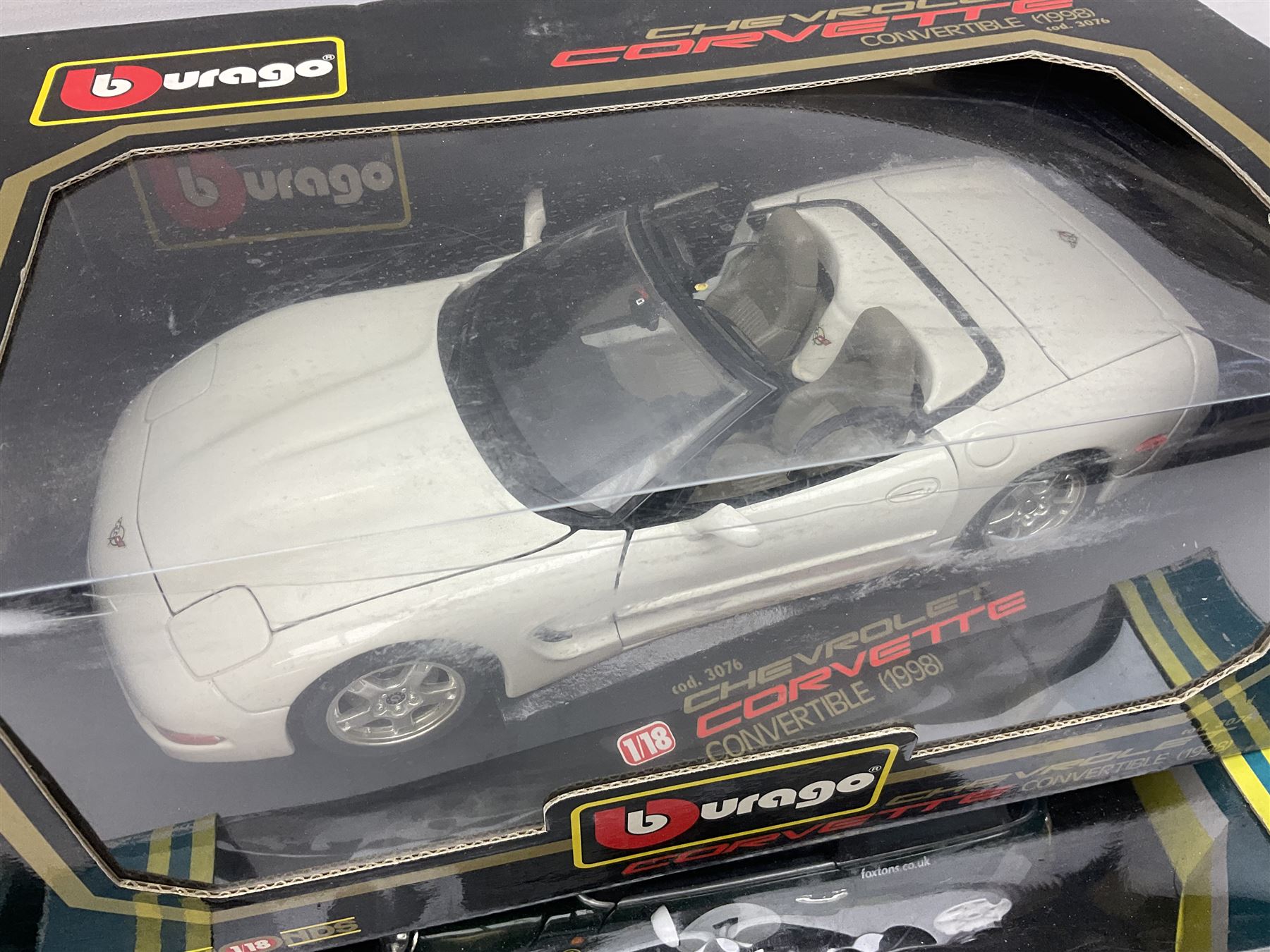 Nine 1:18/1:24 scale die-cast models - two Foxtons Mini Coopers; Road Legends Shelby Cobra; Maisto Mustang Mach III; and five by Bburago including Porsche 356B Cabriolet 1961, Chevrolet Corvette Convertible 1998 etc; all boxed (9)