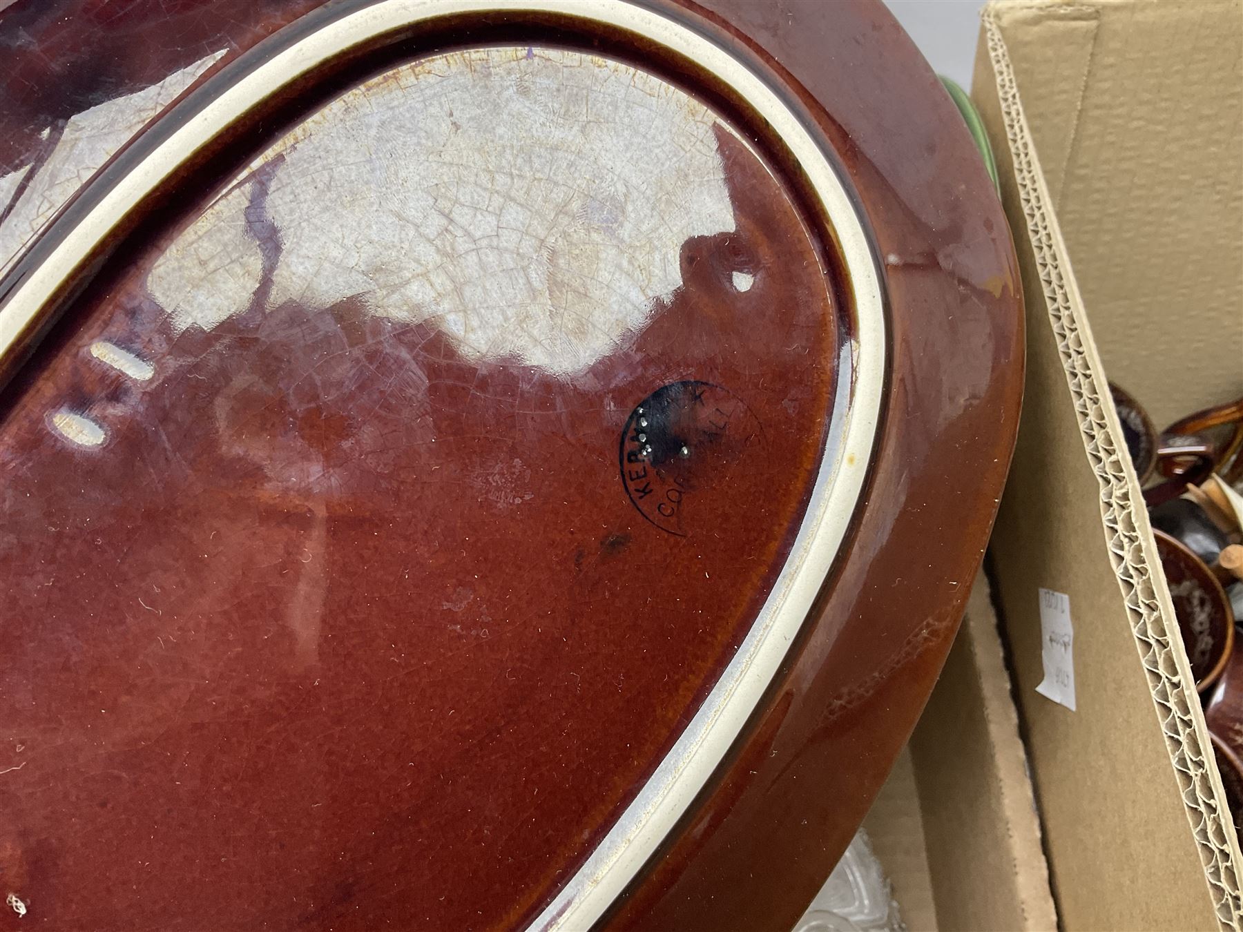 Quantity of ceramics to include Kernewek Cornwall tea wares, pair of Royal Doulton Islamic series plates, sage green Wedgwood Jasperware, Coclough tea wares, glassware etc in two boxes