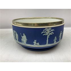 Wedgwood blue Jasperware salad bowl with silver plated collar and matching servers, bowl D22.5cm