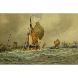  Frederick James Aldridge (British 1850-1933): Fishing Boats in Choppy Waters, watercolour signed 15cm x 22cm  