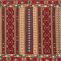 North East Persian Sumak flatweave kilim runner, elongated field decorated with horizontal bands of stylized geometric motifs in madder red, ivory, indigo green, and ochre enclosed by bold geometric borders  