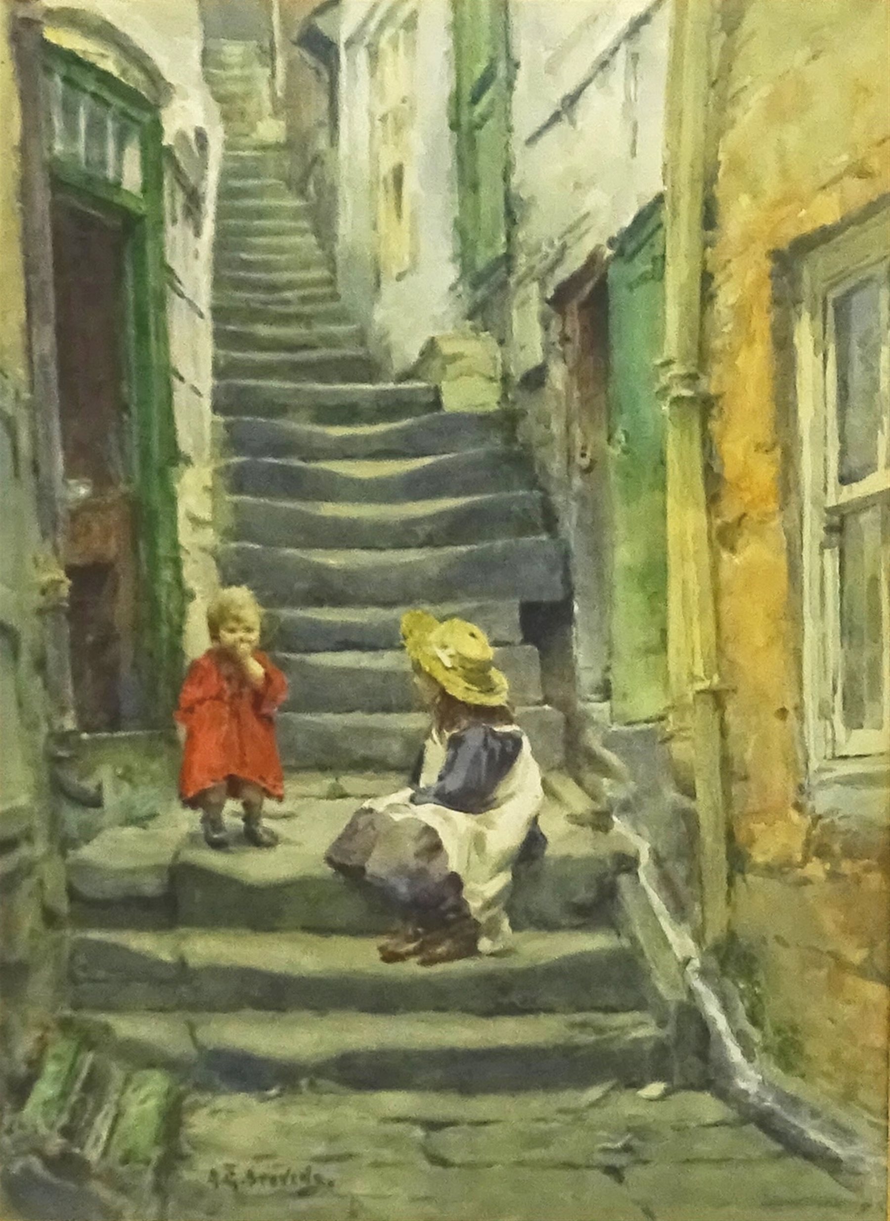 Albert George Stevens (Staithes Group 1863-1925): Children on the Steps Whitby, watercolour signed 33cm x 24cm