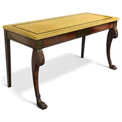 William IV mahogany and brass-inlaid marble serving table, the rectangular marble top featuring yellow tones, bordered by inlaid coloured marble bands in red and black, the frieze with brass-inlaid Boulle-inspired foliate panels on ebony, lower edge with beaded moulding, front legs inlaid with a stripped band of coromandel above carved acanthus leaves, tapering to carved lion paw feet, circa 1830
