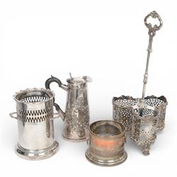 Silver plated twin handled bottle holder bottle, together with another bottle coaster and ...