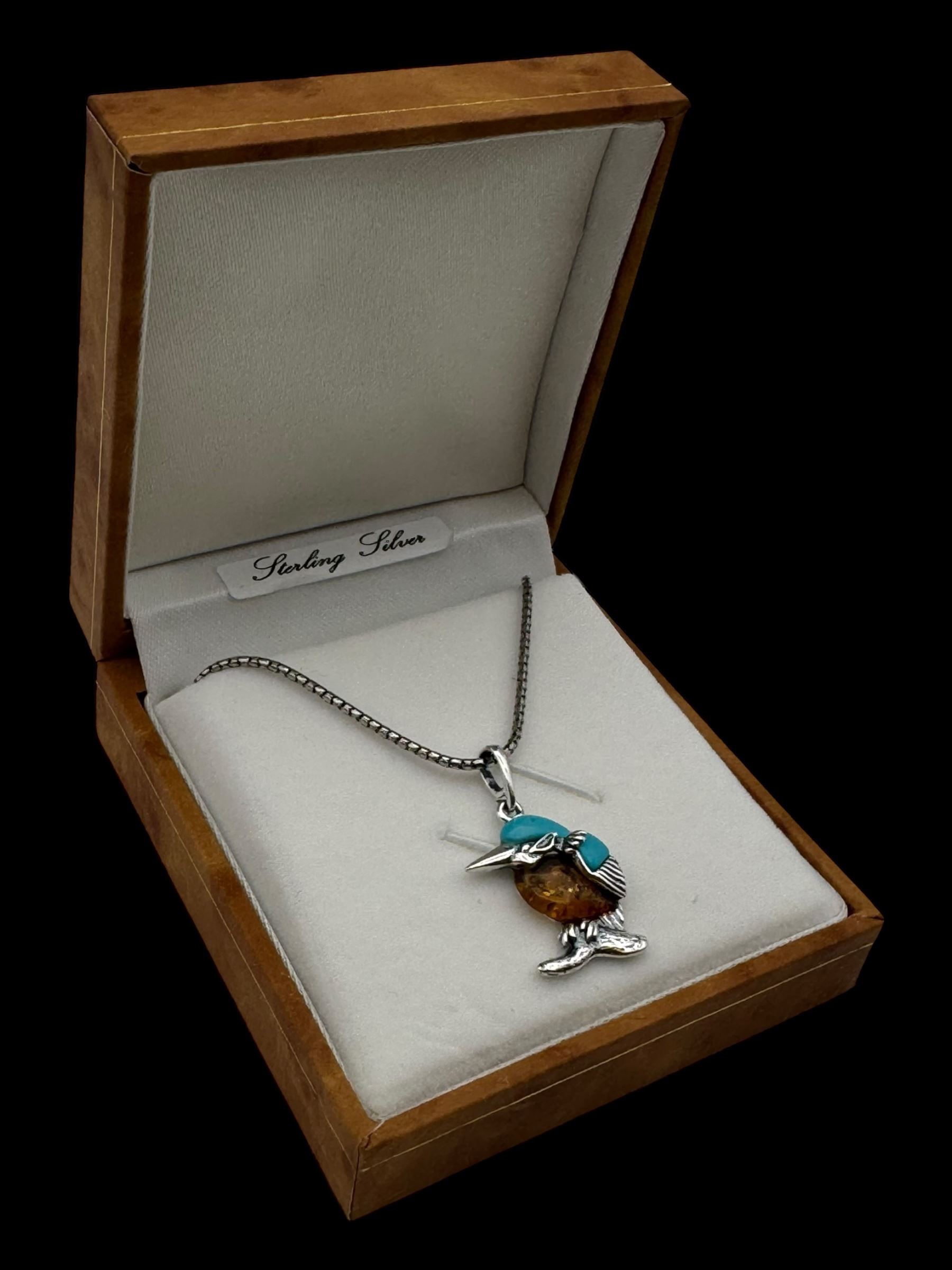 Silver Baltic amber and turquoise kingfisher pendant necklace, boxed