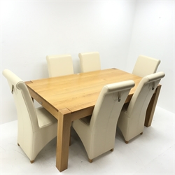 Solid oak rectangular dining table, square supports (W180cm, H75cm, D100cm) and six high back chairs upholstered in cream leather (W44cm)