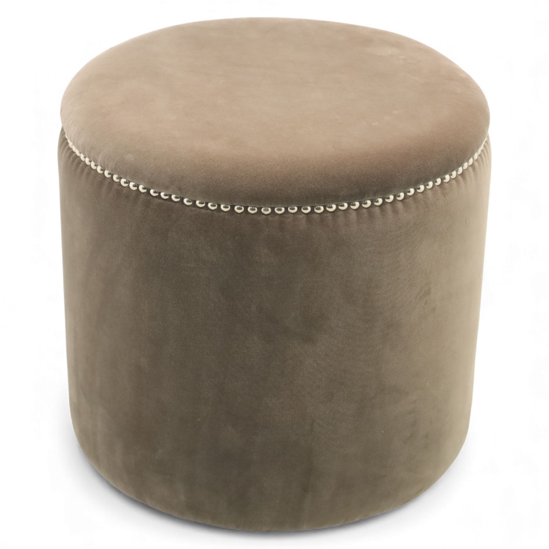 Oka - Costellina circular ottoman stool upholstered in brown velvet, metal studs lining the top edge