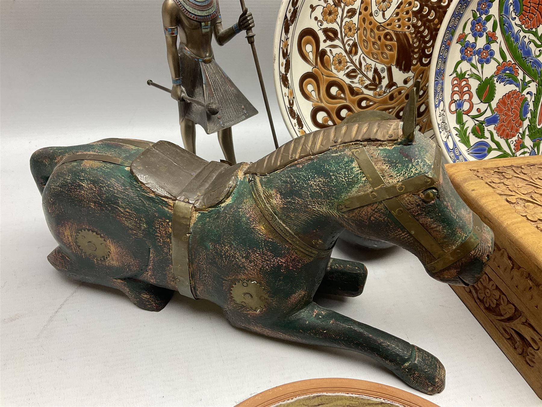 Two Greek Kerameikos plates together with a Kepamik plate and other Grecian style ceramics, carved African figures and treen, boxes etc 