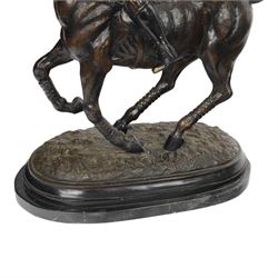 20th century spelter figure of a mounted polo player, upon a marble base, H60cm