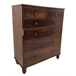 Early 19th century figured mahogany chest, fitted with two short and four long drawers, turned feet