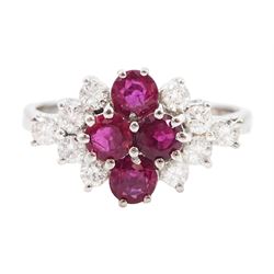 18ct white gold round cut ruby and round brilliant cut diamond cluster ring, hallmarked, t...
