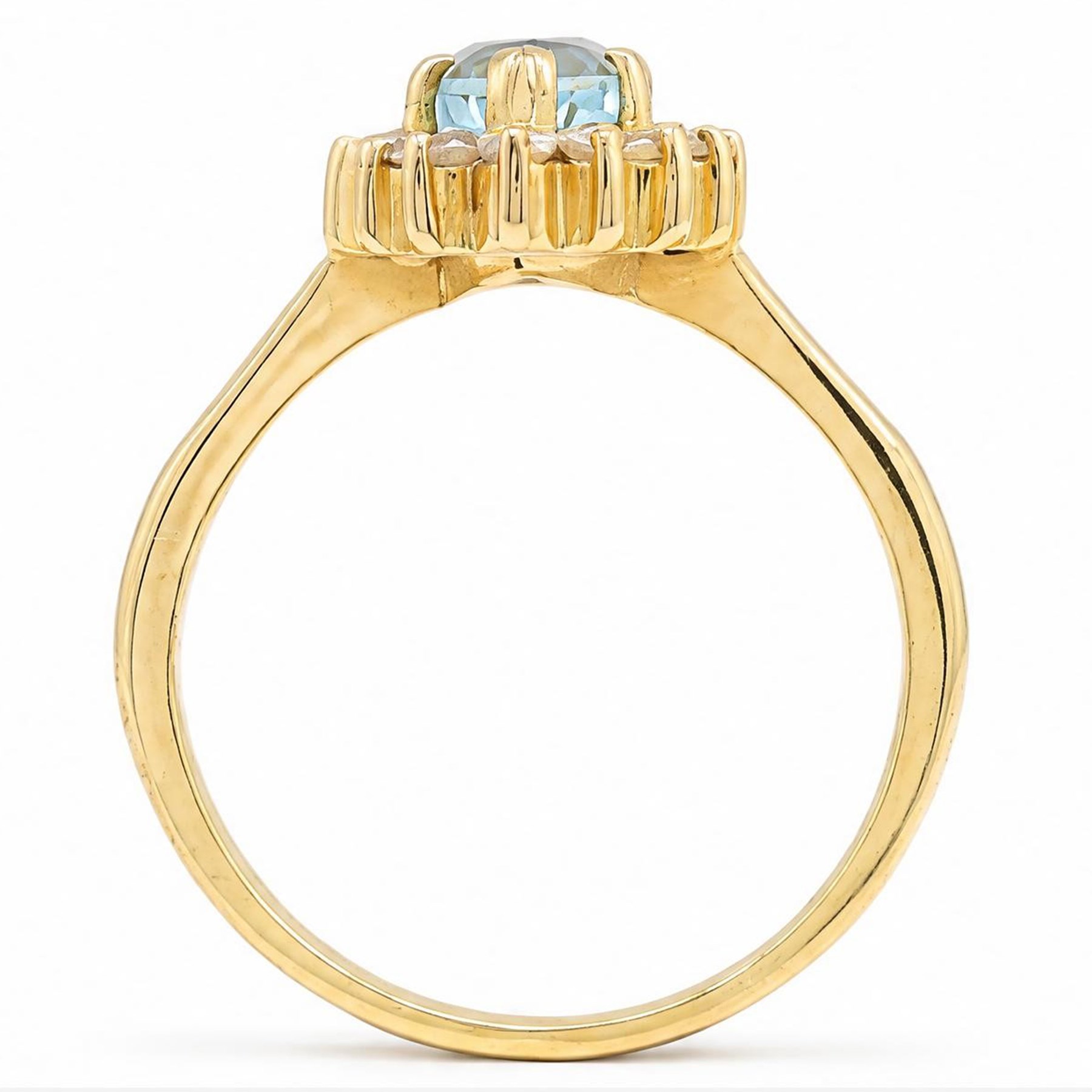 18ct gold aquamarine and diamond cluster ring, single pear cut aquamarine of approx 0.95 carat, surrounded by fourteen round brilliant cut diamonds, stamped 750