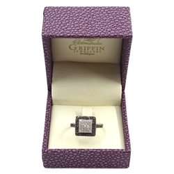  18ct white gold round brilliant cut and princess cut black and white diamond ring, square pave setting, with black diamond shoulders hallmarked, retailed by Grifffin Bridlington  