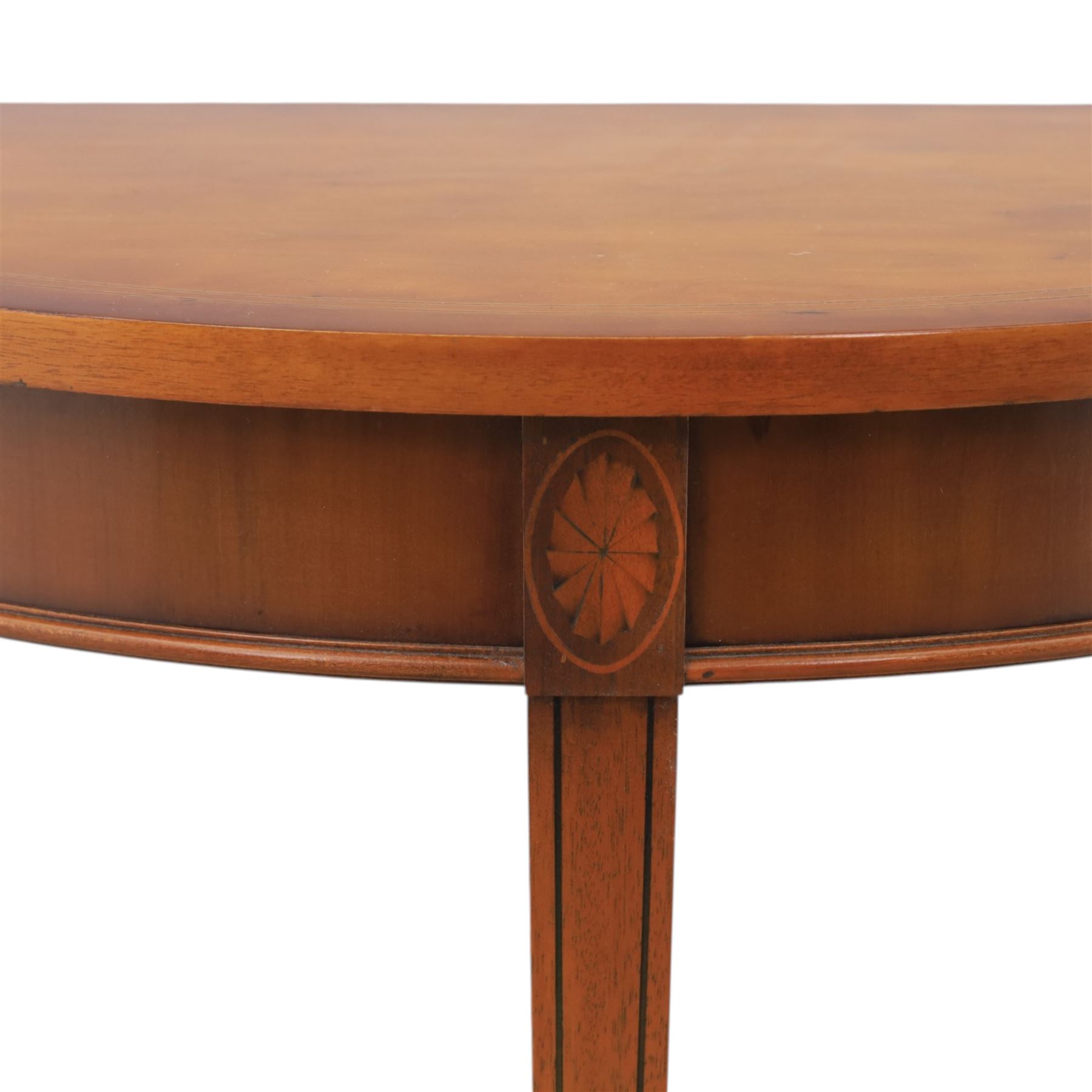 Georgian design yew wood demi-lune console table, sting inlaid with shell motifs