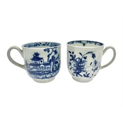 Two 18th century Worcester porcelain coffee cups, the first example decorated in the Plantation pattern, circa 1754, the second decorated in the Mansfield pattern, circa 1760, with workman's mark beneath, each approximately H5.5cm