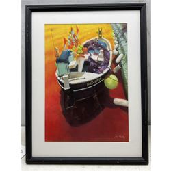 Leonard 'Len' Hardy (British 20th Century):Boats at Sunset and 'Flowers Cruise Ship Style', two pastels signed, one titled verso, max 67cm x 50cm (2)