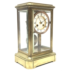  Late 19th century brass four glass mantle clock, white Roman dial inscribed LEROY & FILS Depot, 211 Regent St.London, twin train movement stamped Leroy & Fils a Paris, 21586 striking the half hours on a gong, H26.5cm, W17cm, D13,5cm   