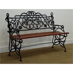 Ornate cast iron garden bench, painted black finish with hardwood seat slats, W122cm  