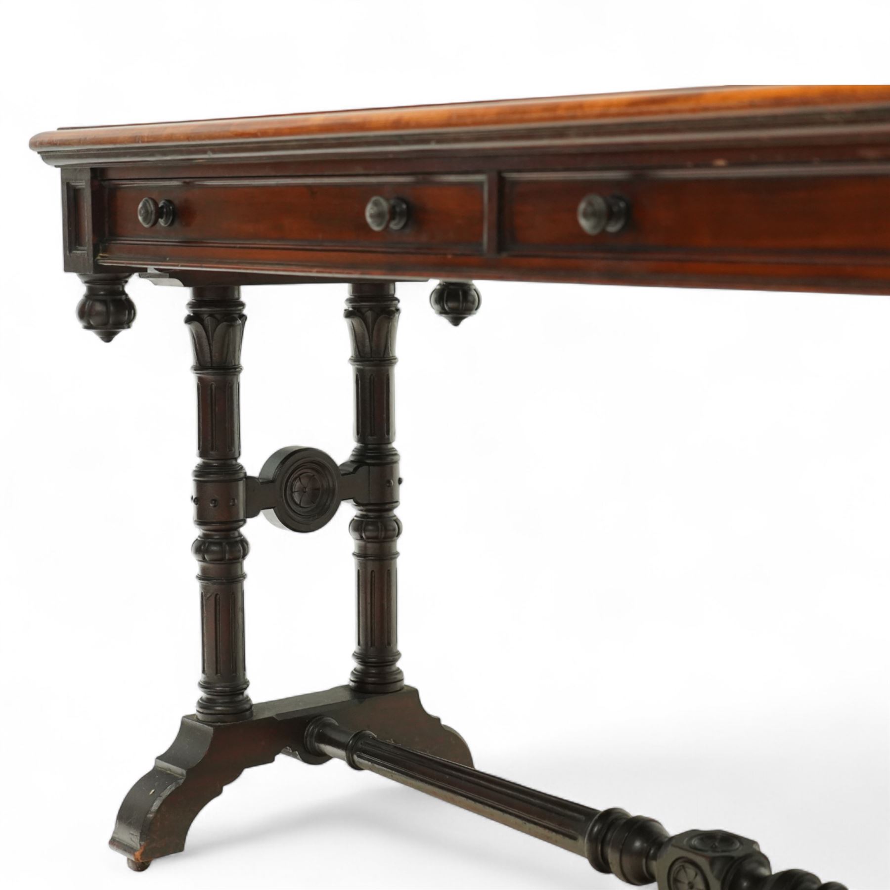 Victorian mahogany hall table, rectangular top with moulded edge over two frieze drawers with turned knob handles, raised on ring turned legs with bun feet, united by a ring turned stretcher