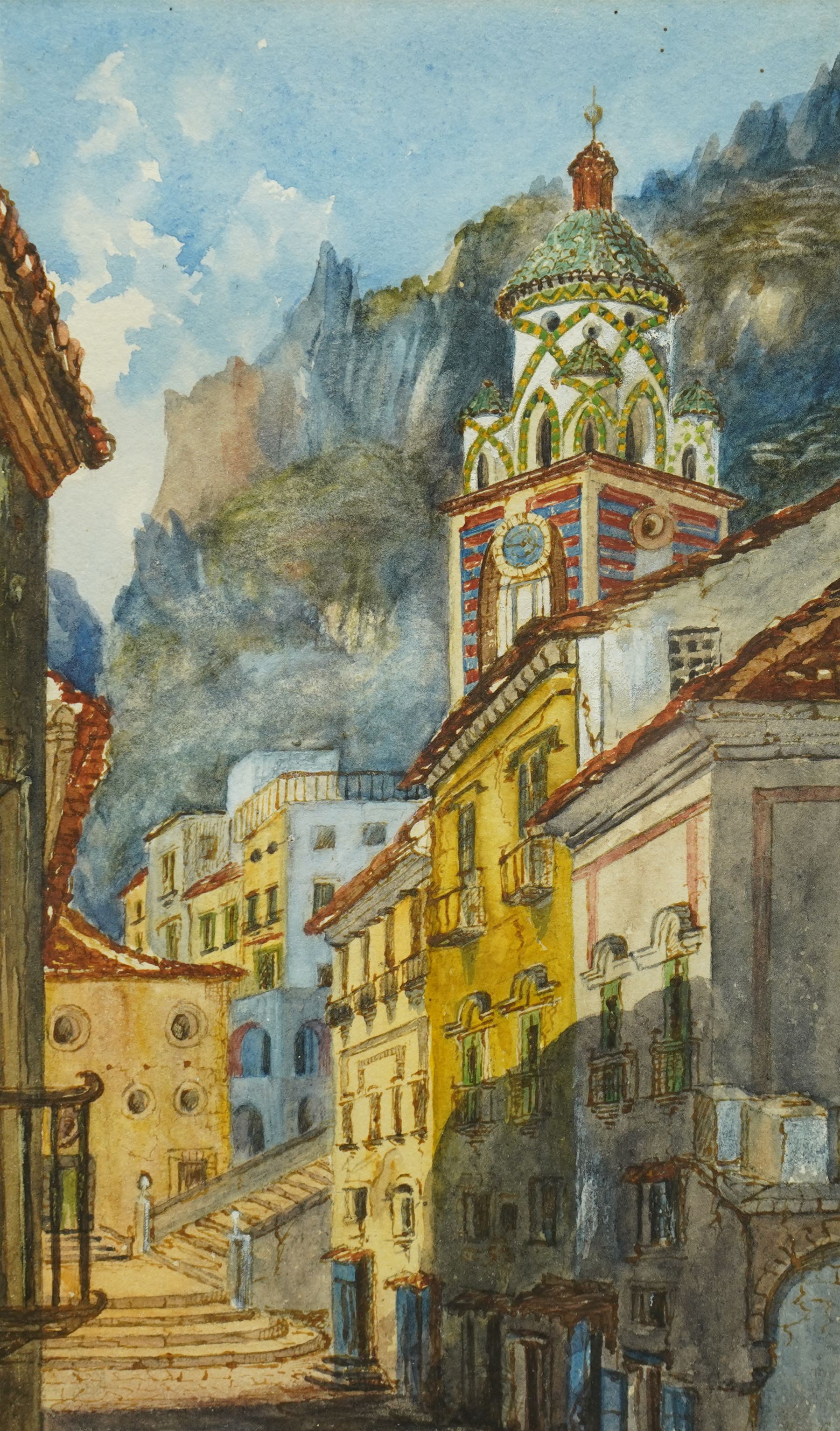 MM (British 19th century): Amalfi Bell Tower - West Coast Italy, watercolour unsigned, TB & R Joran label verso 25cm x 15cm
Notes: label verso reads: 'These pictures tell the story if the travels of an enigmatic Victorian lady, M.M. who married G.C.T. sometime between October 1872 and July 1873 and gave birth to a son, Clive, sometime before 1904. She travelled extensively in Italy, Switzerland and the Rhine Valley between 1871 and 1899. Her watercolours come from albums and are as fresh as the day they were painted. This is our first selection of them, which also shows a stay on the North East coast in 1897 and 1898/'