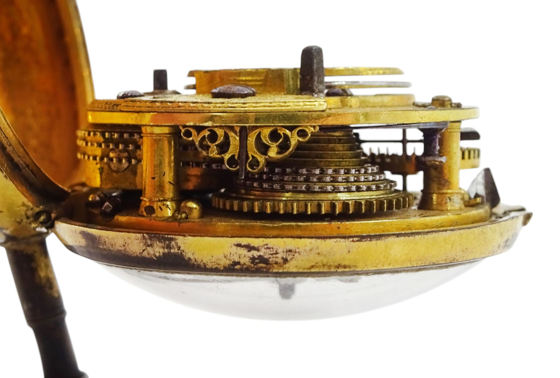 George III gilt and tortoise shell pair cased verge fusee pocket watch by Samuel Corbett, Hadleigh, No. 583, pierced and engraved balance cock, white enamel dial with Roman hours and outer Arabic minute ring, the tortoiseshell outer case painted with fern decoration
