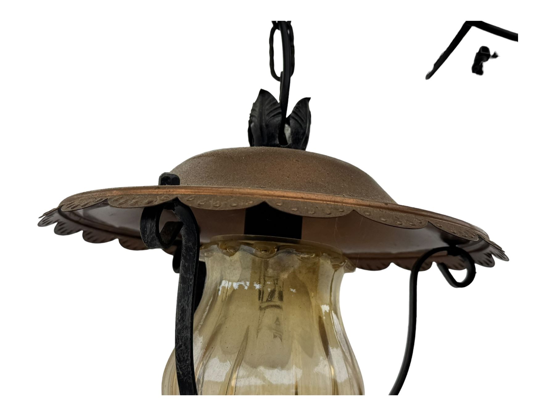 Collection of vintage and modern light fixtures, including copper pendant light, brass five-arm chandelier, hanging lantern and two small chandeliers with hanging faceted droplets (6)