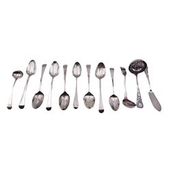 Set of six George III silver Old English pattern teaspoons, hallmarked London 1814, makers mark worn and indistinct, together with a small selection of flatware, comprising Victorian Fiddle shell pattern sifting spoon, hallmarked Chawner & Co, London 1845, a further Victorian example, Victorian butter knife, pair of Georgian teaspoons, and a George III salt spoon, approximate total weight 7.04 ozt (219 grams)