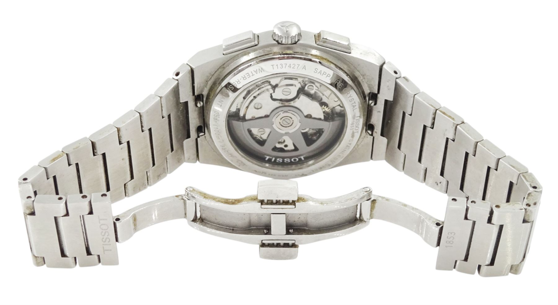 Tissot PRX gentleman's stainless steel automatic chronograph wristwatch, Ref. T137.427.11.011.00, silvered white dial with black subsidiary dials and date aperture, on stainless steel bracelet, boxed with additional links and invoice dated 2022