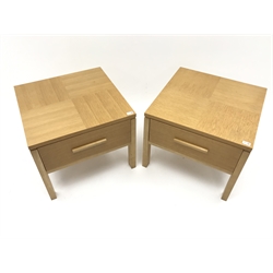  Pair light oak lamp tables, single drawer, square supports, W60cm, H50cm, D60cm  