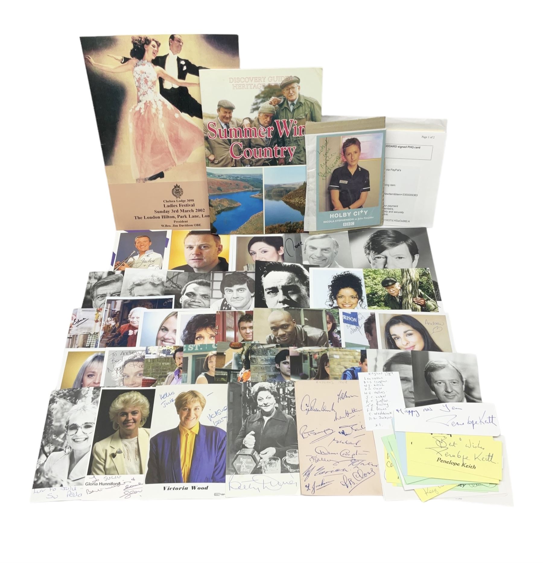 1949 England cricket team signatures including Hutton, Compton, Edrich, Laker etc on loose album page; and large quantity of other autographs of predominantly TV Soap Opera stars from Last of the Summer Wine, Eastenders, Emmerdale, Coronation Street, Heartbeat etc and other TV/Film personalities; on promotional photographs and clipped fragments of paper etc