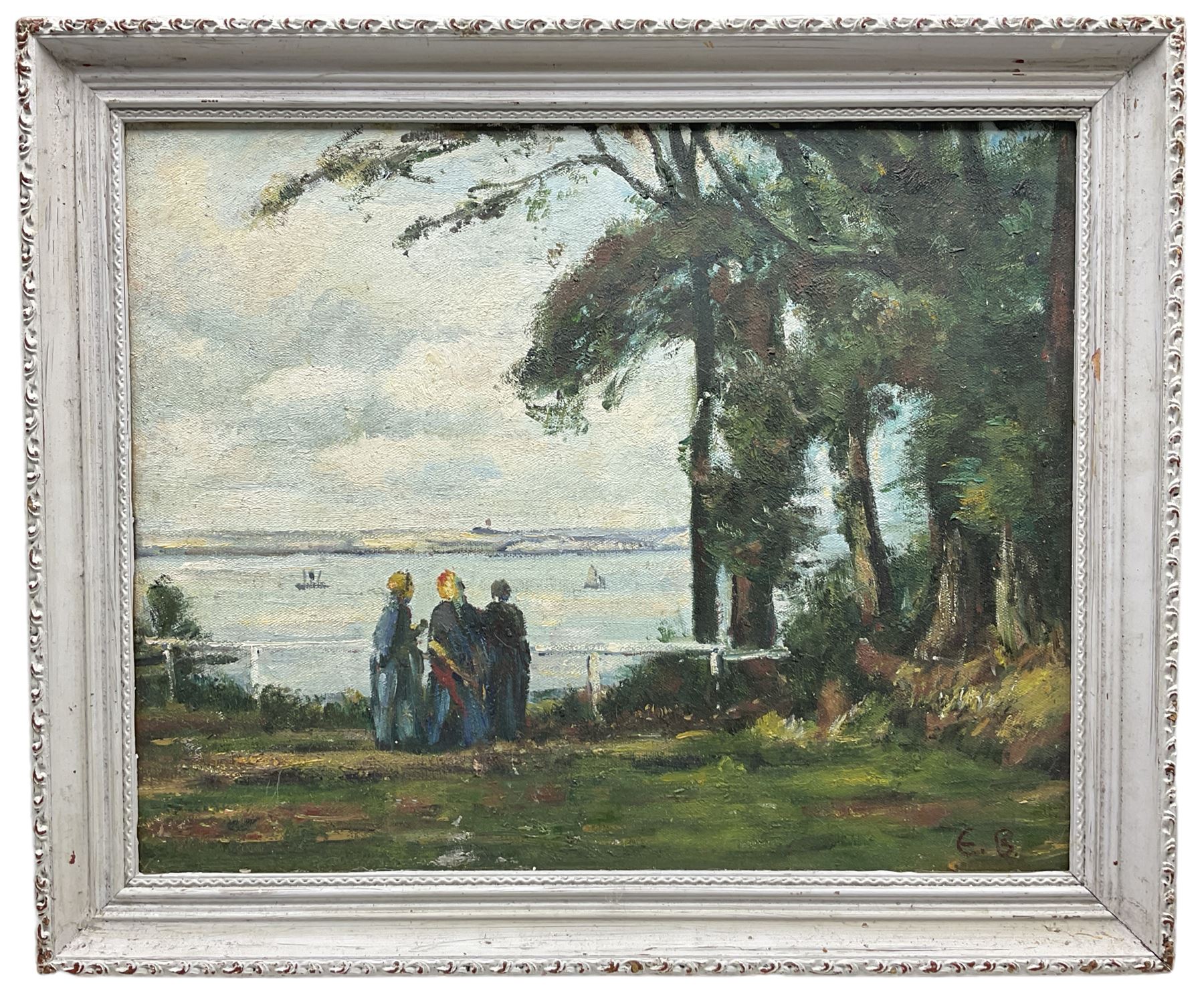 Edward Bishop (British 1902-1997): Figures by a Lake, oil on board signed with initials 40cm x 50cm
