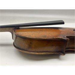 Late 19th century German trade violin c1890 with 36cm two-piece birds-eye maple back, neck and ribs and spruce top; bears label 'Manufactured in Berlin Special Copy of Nicolaus Amati' L59.5cm; in carrying case
