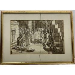 F* B* (17th/18th century): Soldiers with a Slain Lady, pen and ink signed with initials on the stairs 32cm x 44cm