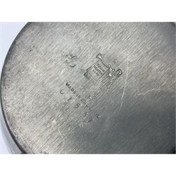 Liberty & Co Tudric pewter three piece tea service, comprising teapot with woven reed handle, twin handled open sucrier, and milk jug, each of squat form with planished finish, each impressed beneath Tudric Pewter Ware 01537 Made in England, together with a matched unmarked tray