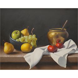 Christopher Cawthorn (British 20th century): Still Life with Fruit and Brass Pot, oil on canvas signed 39cm x 49cm